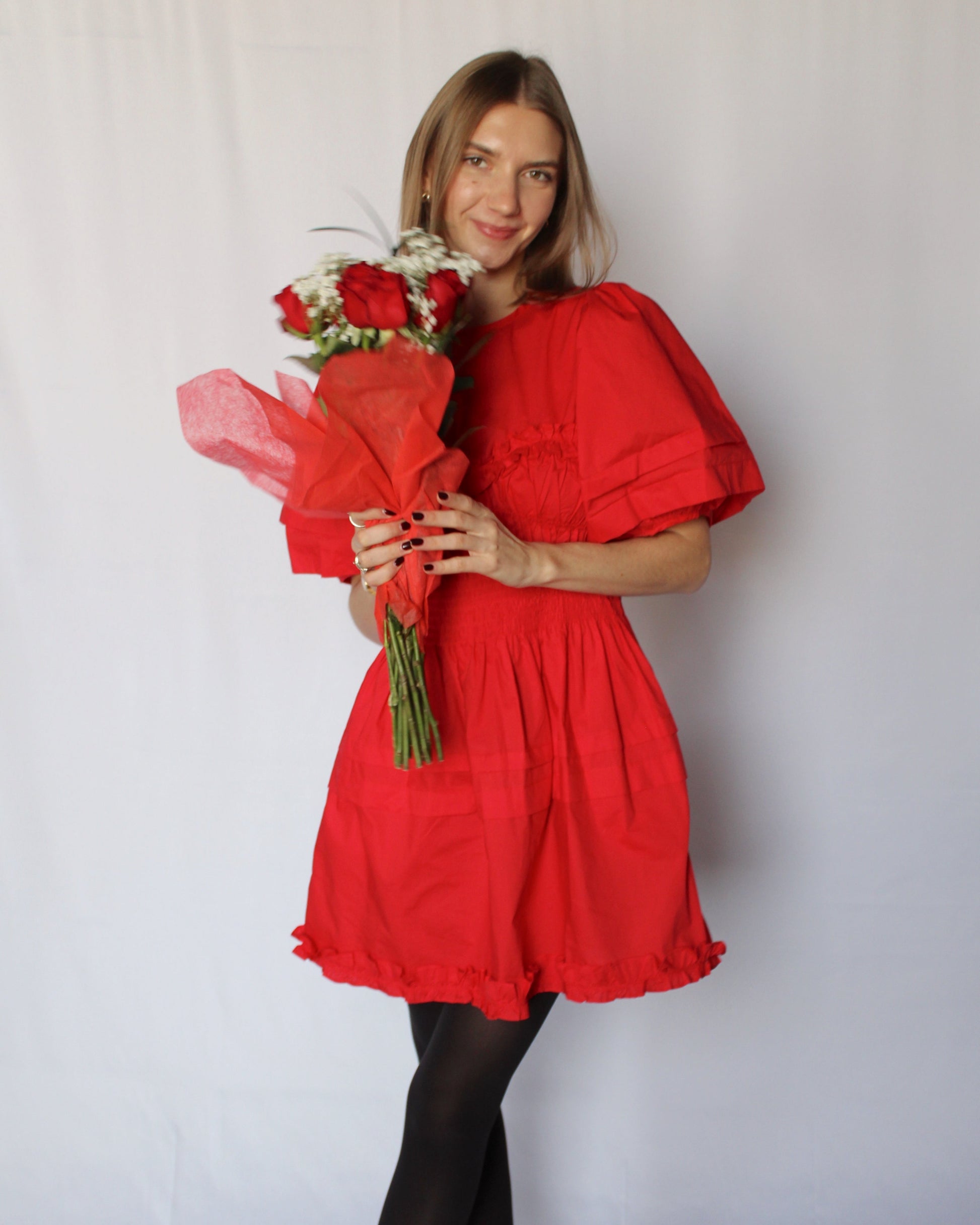 red mini dress puff sleeves Entro Red Solid Short Puff Sleeve Cinched Waist Mini Dress